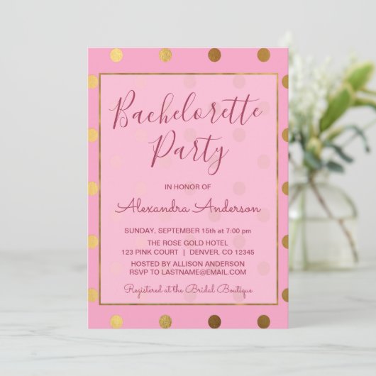 Roze en Gouden Folie Polka Dot Bachelorette Party Kaart (Staand voorkant)