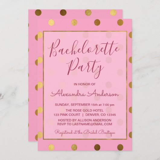 Roze en Gouden Folie Polka Dot Bachelorette Party Kaart (Voorkant / Achterkant)