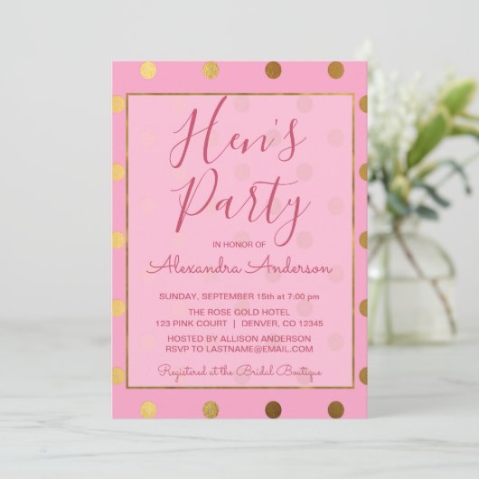 Roze en Gouden Folie Polka Dot Hen's Party Kaart (Staand voorkant)