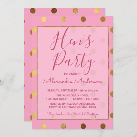 Roze en Gouden Folie Polka Dot Hen's Party Kaart (Voorkant / Achterkant)