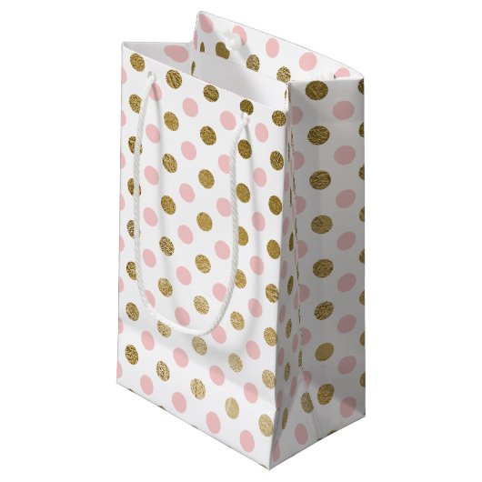 Roze en Gouden Folie Polka Dot Patroon Klein Cadeauzakje (Voorkant Gekanteld)