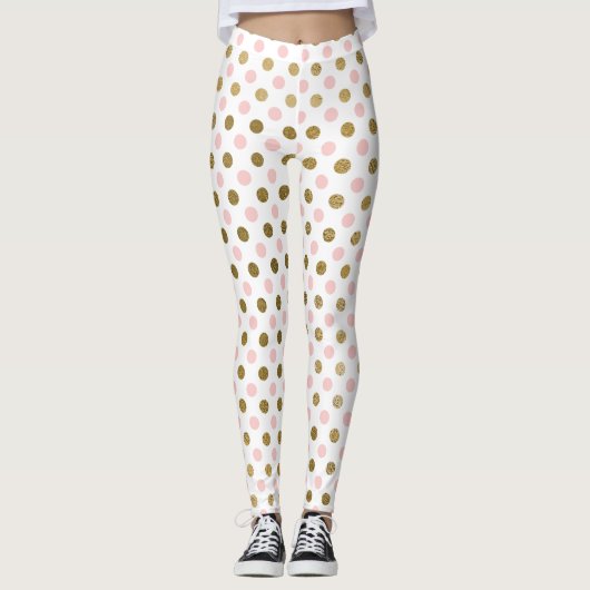 Roze en Gouden Folie Polka Dot Patroon Leggings (Voorkant)