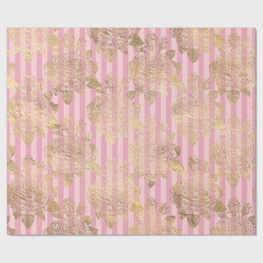 Roze en Gouden Folie Rozen en Stripes Pattern Cadeaupapier (Vlak)