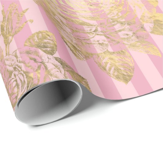 Roze en Gouden Folie Rozen en Stripes Pattern Cadeaupapier (Rol Hoek)