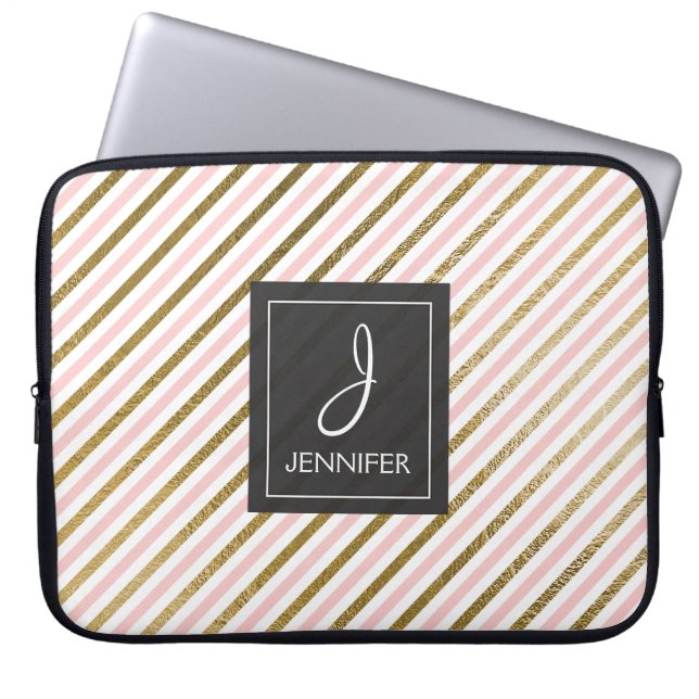 Roze en gouden folie streep Elegant Monogram Laptop Sleeve (Voorkant)