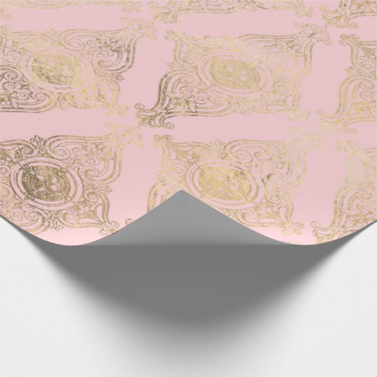 Roze en Gouden Folie van Parijs Damask Patterned Cadeaupapier (Hoek)