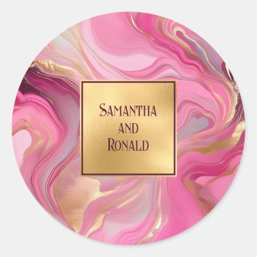 Roze en gouden gemarmerde bruiloft ronde sticker (Voorkant)