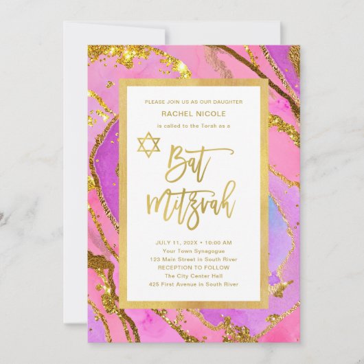  roze en gouden geode | Bat Mitzvah Kaart (Voorkant)