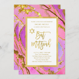  roze en gouden geode | Bat Mitzvah Kaart