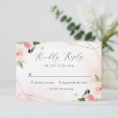 Roze en gouden geometrische Floral Waterverf RSVP- RSVP Kaartje (Staand voorkant)