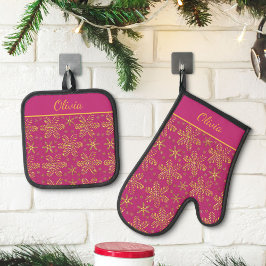 Roze en Gouden Gepersonaliseerd Ovenwant & Pannenlap Set