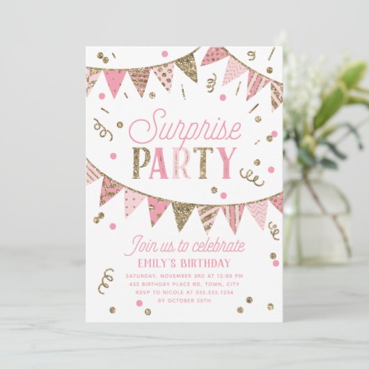 Roze en gouden glinsterende banner verrassingsfees kaart (Staand voorkant)