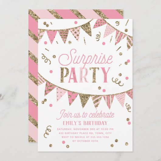 Roze en gouden glinsterende banner verrassingsfees kaart (Voorkant / Achterkant)
