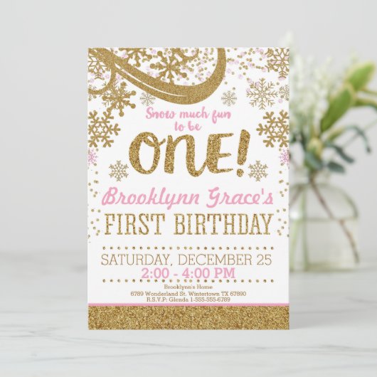 Roze en Gouden Glitter 1e Verjaardag Winter One Kaart (Staand voorkant)