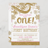 Roze en Gouden Glitter 1e Verjaardag Winter One Kaart (Voorkant / Achterkant)