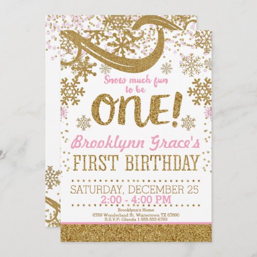 Roze en Gouden Glitter 1e Verjaardag Winter One Kaart (Voorkant / Achterkant)