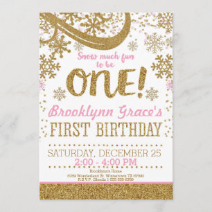 Roze en Gouden Glitter 1e Verjaardag Winter One Kaart