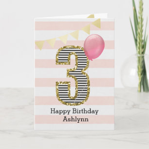 Roze en Gouden Glitter 3de Verjaardag Meisje Kaart