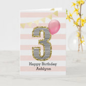 Roze en Gouden Glitter 3e Verjaardag Meisje Kaart (Gele Bloem)