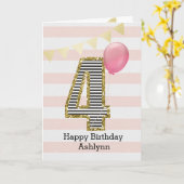 Roze en Gouden Glitter 4e Verjaardag Kaart (Gele Bloem)