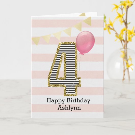 Roze en Gouden Glitter 4e Verjaardag Kaart (Gele Bloem)