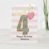 Roze en Gouden Glitter 4e Verjaardag Kaart (Voorkant)