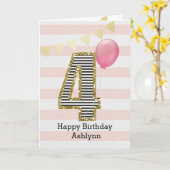 Roze en Gouden Glitter 4e Verjaardag Kaart (Gele Bloem)