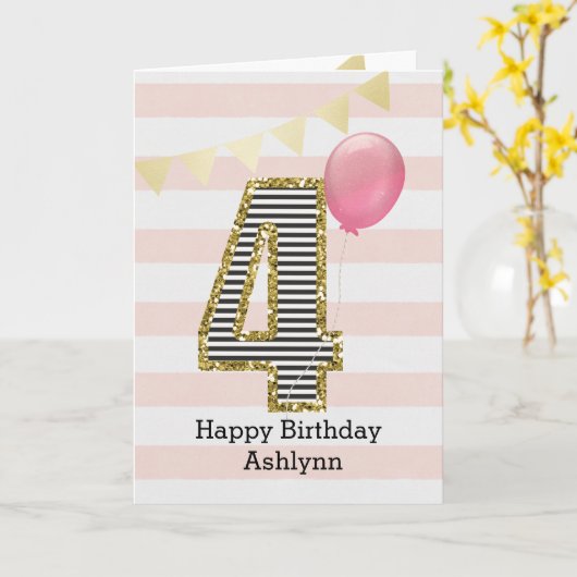 Roze en Gouden Glitter 4e Verjaardag Kaart (Gele Bloem)