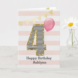 Roze en Gouden Glitter 4e Verjaardag Kaart