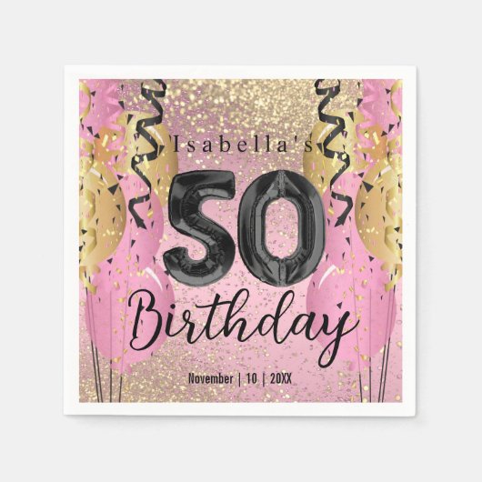 Roze en Gouden Glitter 50ste Verjaardag Servet (Voorkant)