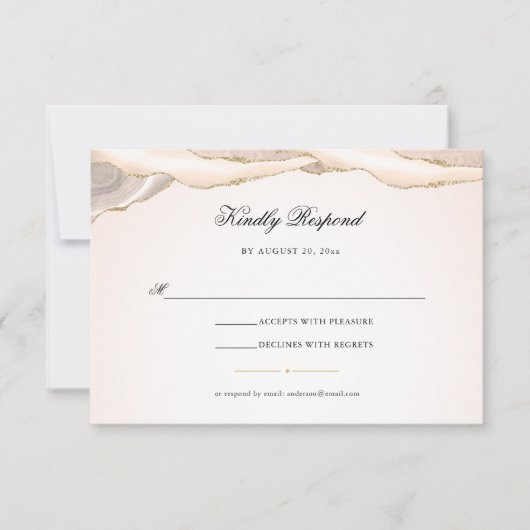 Roze en Gouden Glitter Agate Script Bruiloft RSVP Kaartje (Voorkant)