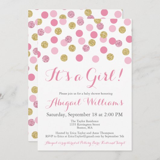 Roze en Gouden Glitter Baby Douche Uitnodigingen (Voorkant / Achterkant)