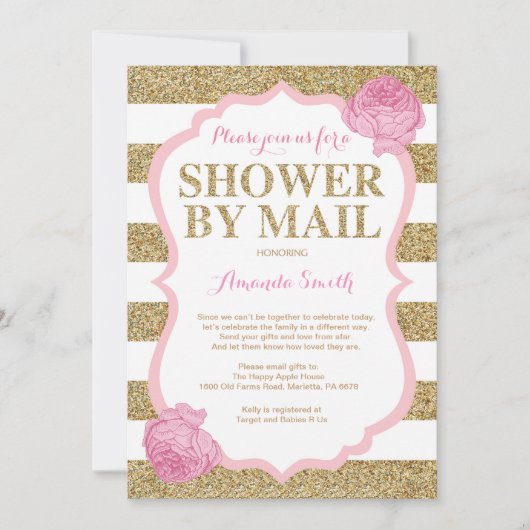 Roze en Gouden Glitter Baby shower per post Kaart (Voorkant)