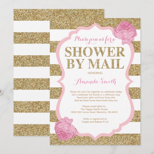 Roze en Gouden Glitter Baby shower per post Kaart (Voorkant / Achterkant)