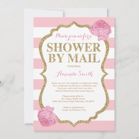 Roze en Gouden Glitter Baby shower per post Kaart (Voorkant)