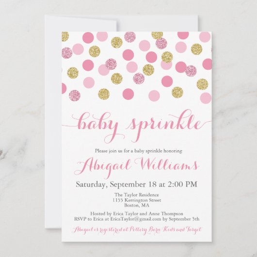 Roze en Gouden Glitter Baby Sprinkle Uitnodigingen (Voorkant)