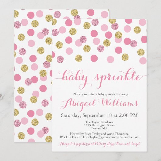 Roze en Gouden Glitter Baby Sprinkle Uitnodigingen (Voorkant / Achterkant)