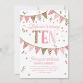 Roze en Gouden Glitter Banner 10e Verjaardagsfeest Kaart (Voorkant)