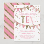 Roze en Gouden Glitter Banner 10e Verjaardagsfeest Kaart (Voorkant / Achterkant)