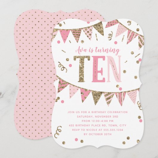 Roze en Gouden Glitter Banner 10e Verjaardagsfeest Kaart (Voorkant / Achterkant)