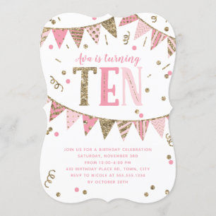 Roze en Gouden Glitter Banner 10e Verjaardagsfeest Kaart