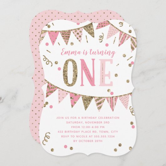 Roze en Gouden Glitter Banner 1e Verjaardagsfeest Kaart (Voorkant / Achterkant)