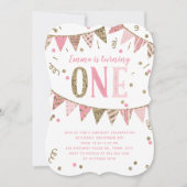 Roze en Gouden Glitter Banner 1e Verjaardagsfeest Kaart (Voorkant)