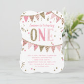 Roze en Gouden Glitter Banner 1e Verjaardagsfeest Kaart (Staand voorkant)