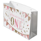 Roze en Gouden Glitter Banner Eerste Verjaardag Groot Cadeauzakje (Achterkant Gekanteld)