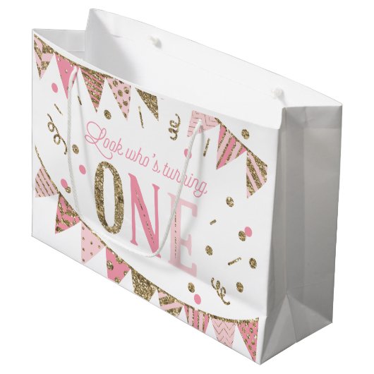 Roze en Gouden Glitter Banner Eerste Verjaardag Groot Cadeauzakje (Voorkant Gekanteld)