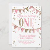 Roze en Gouden Glitter Banner EERSTE Verjaardagsfe Kaart (Voorkant)