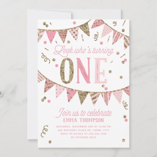 Roze en Gouden Glitter Banner EERSTE Verjaardagsfe Kaart (Voorkant)