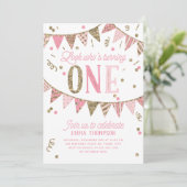 Roze en Gouden Glitter Banner EERSTE Verjaardagsfe Kaart (Staand voorkant)