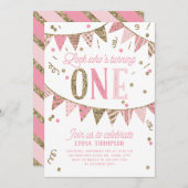 Roze en Gouden Glitter Banner EERSTE Verjaardagsfe Kaart (Voorkant / Achterkant)